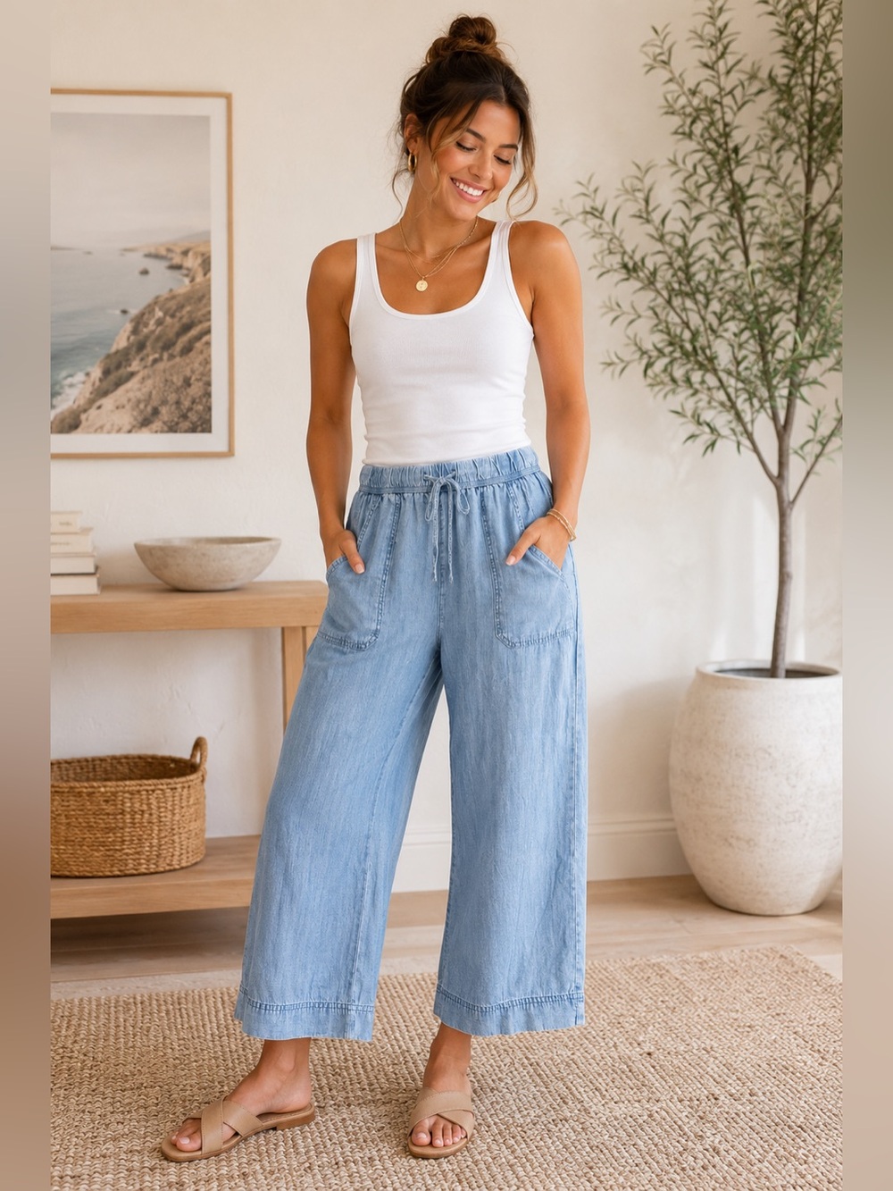 Splendid Light Blue Wide-Leg Drawstring Linen-Blend Pants